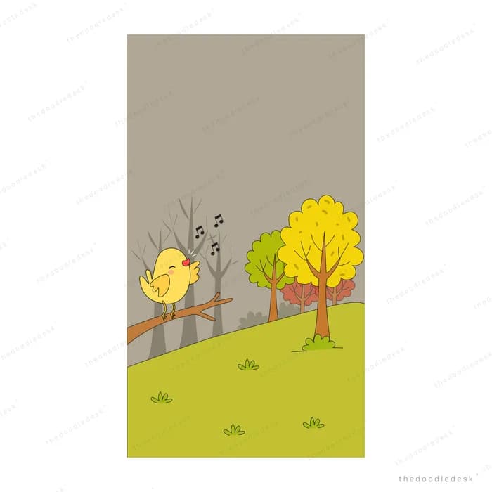 Yellow chick singing beside a yellow autumn tree on a green field