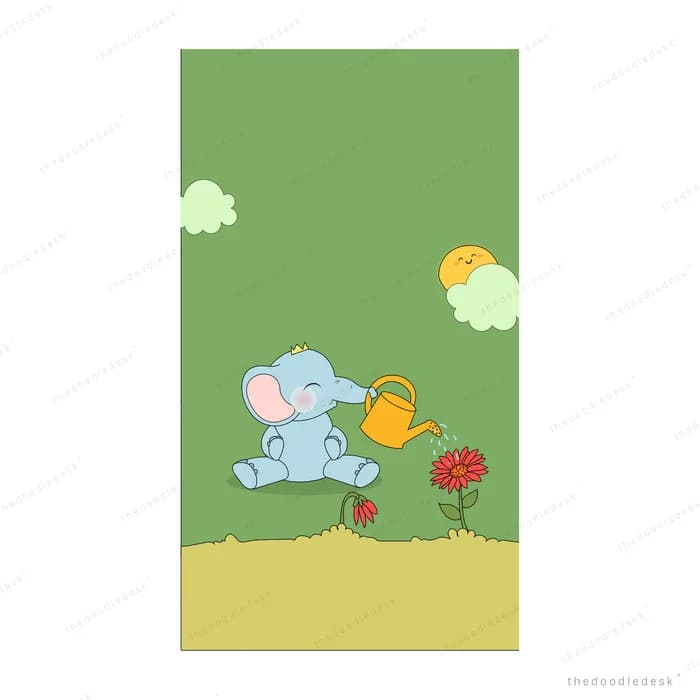 Elephant watering a red flower with a green watering can
