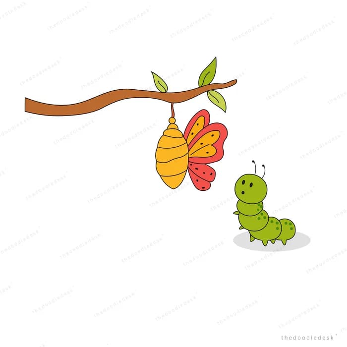 Caterpillar on a branch watching a butterfly emerge from a chrysalis