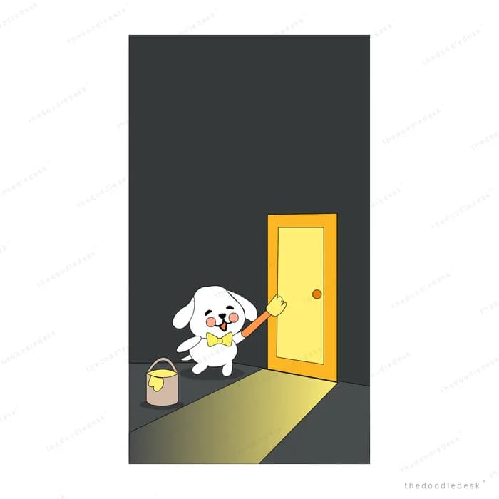 White dog pushing open a glowing yellow door in a dark room