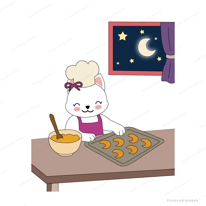 White rabbit in a chef hat baking a tray of cookies at a table at night