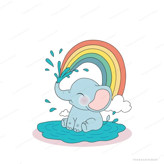 Elephant sitting in a puddle spraying water from its trunk into a rainbow