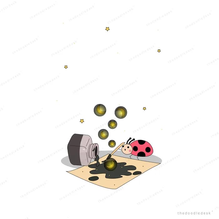 Ladybug dipping a brush into spilled ink beside a stone grinder as glowing orbs rise