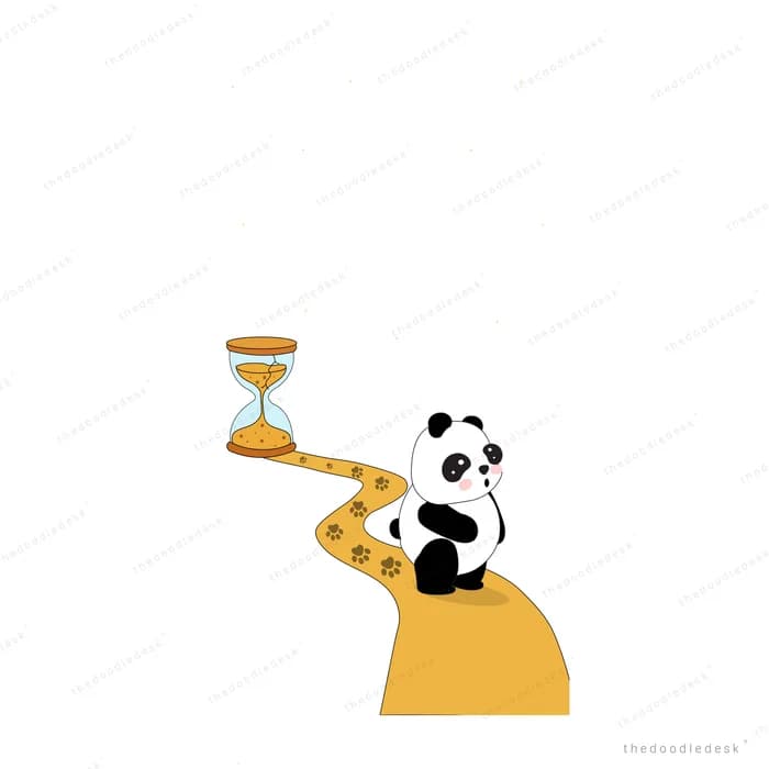 Panda walking down a sandy path away from a giant hourglass