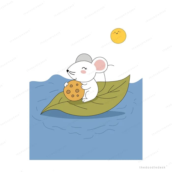 White mouse floating on a leaf boat with a cookie under the sun