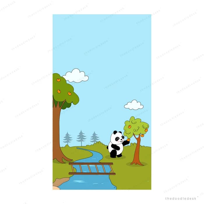 Panda crossing a small wooden bridge over a stream between trees