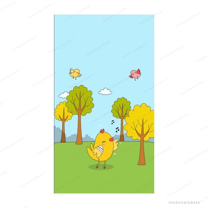 Yellow chick standing on a green field among autumn trees with a butterfly