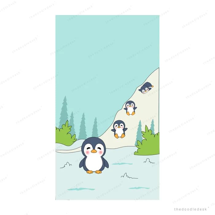 Penguins sliding down a snowy slope into the water