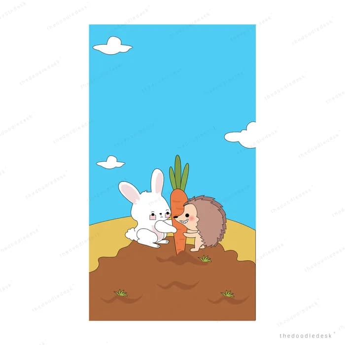 Rabbit and hedgehog pulling a big carrot out of the soil together
