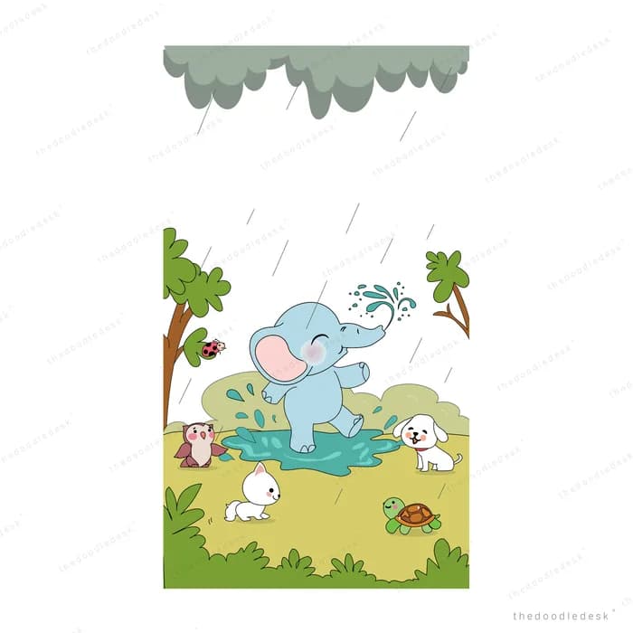 Elephant splashing in a puddle in the rain while small animals watch