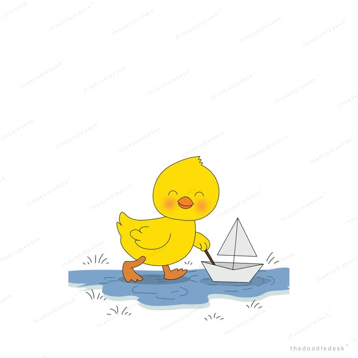 Yellow duckling pulling a small paper boat through the water