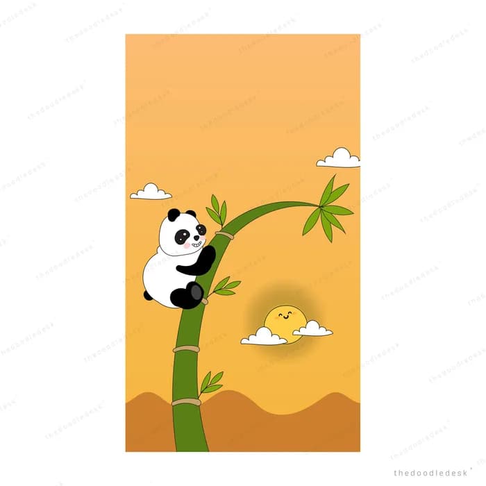 Panda climbing a bamboo stalk above a chick nesting in a hollow