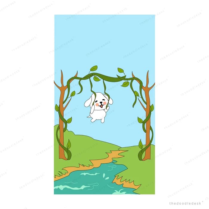 White rabbit swinging on a vine swing above a stream