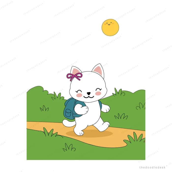 White cat with a bow carrying a bag along a path across a green field