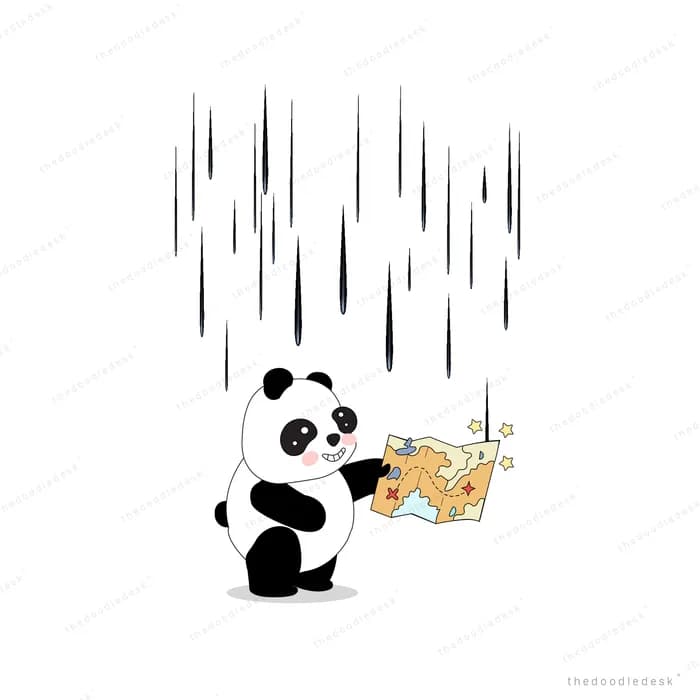 Panda sheltering under a small sheet in heavy rain