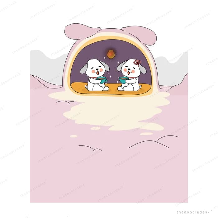 Two white dogs sitting in a bunny-eared window above a pink panel