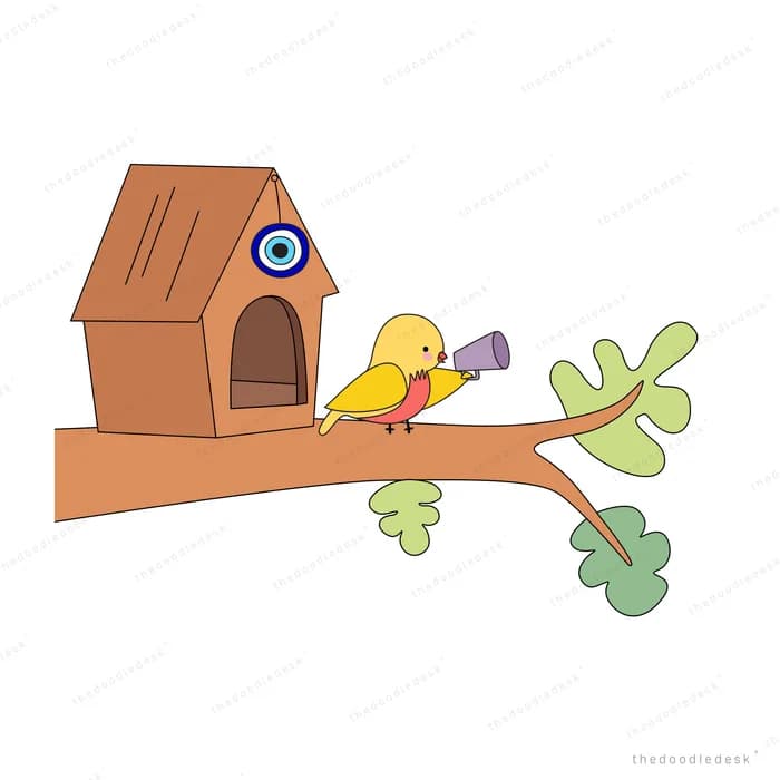 Yellow bird with a horn perched on a branch beside a wooden birdhouse