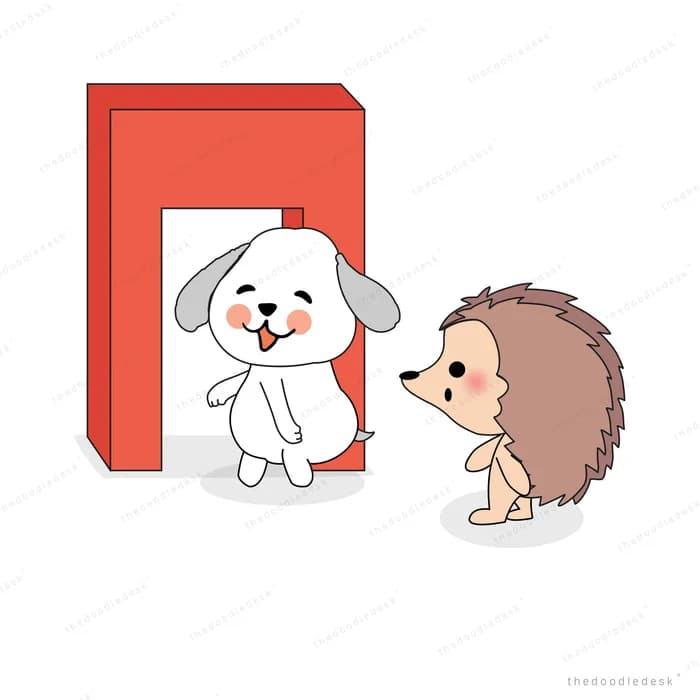 White dog peeking out of a red doorway to greet a hedgehog