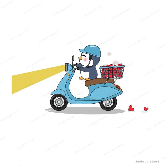 Penguin in a helmet riding a blue scooter with a delivery basket at night