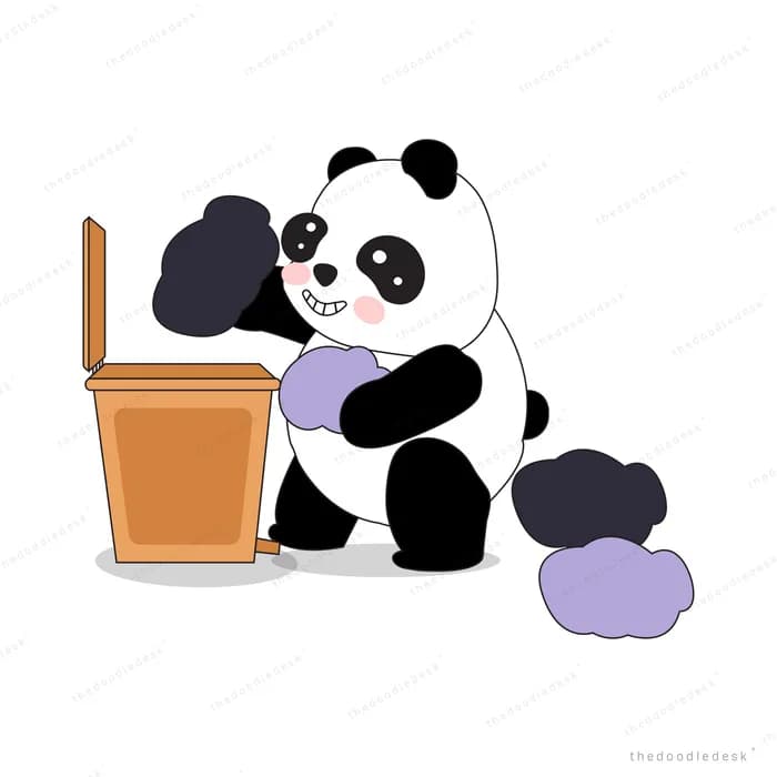 Panda leaning against an orange block beside a purple cushion