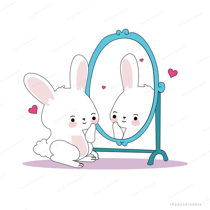 White rabbit admiring itself in a standing oval mirror surrounded by hearts