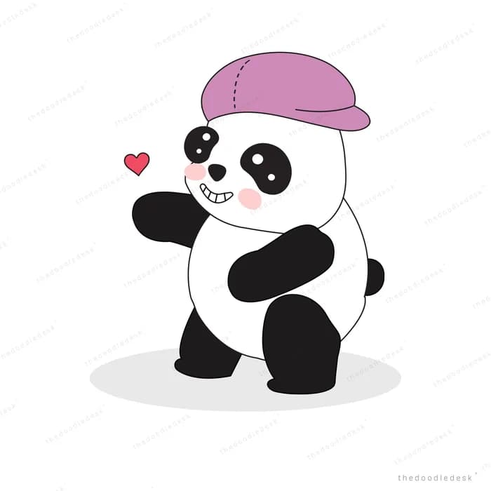 Panda in a purple cap waving with a heart beside it
