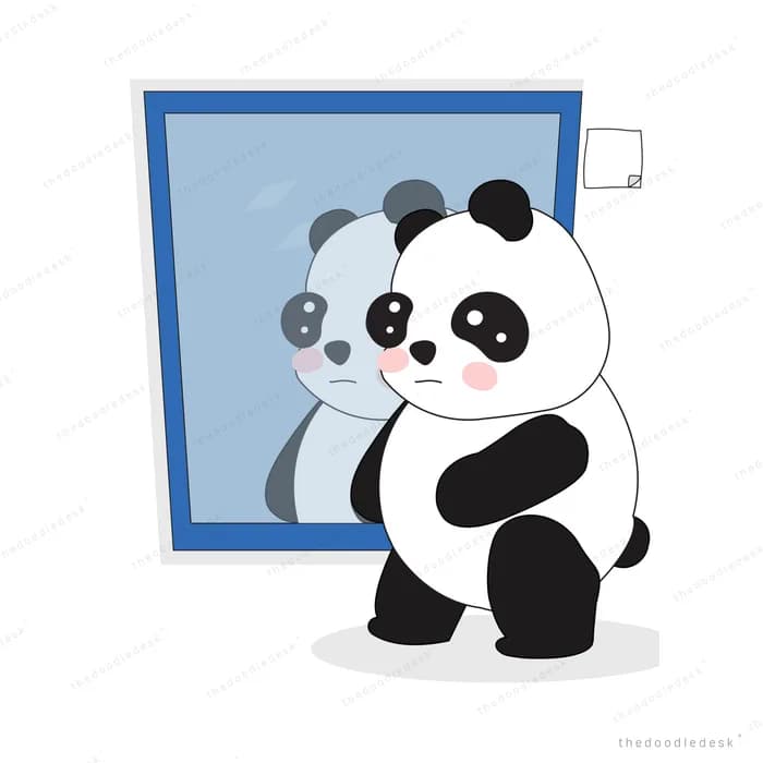 Panda standing in front of a wall mirror looking at its reflection