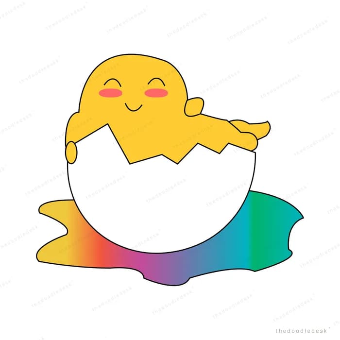 Yellow chick hatching out of a cracked eggshell on a rainbow puddle