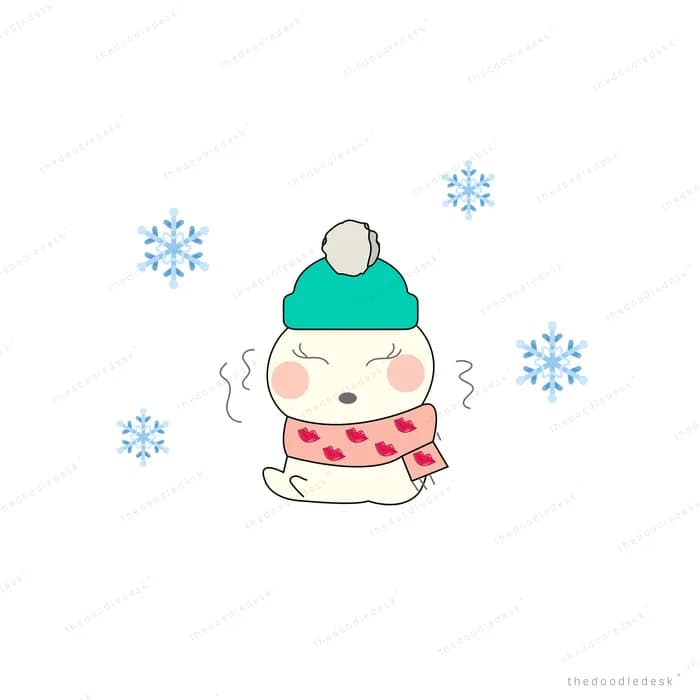 White cub in a teal beanie and scarf shivering among falling snowflakes