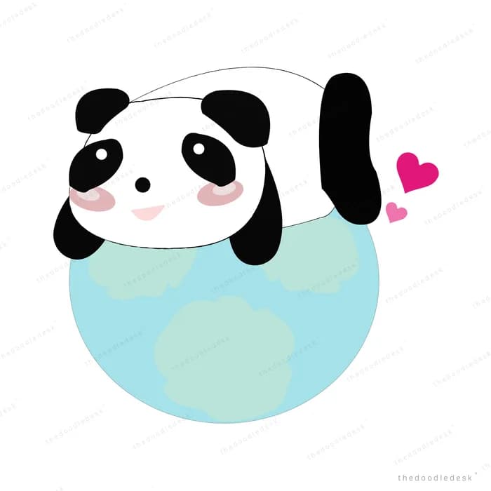 Panda draped over a large blue ball with hearts floating nearby