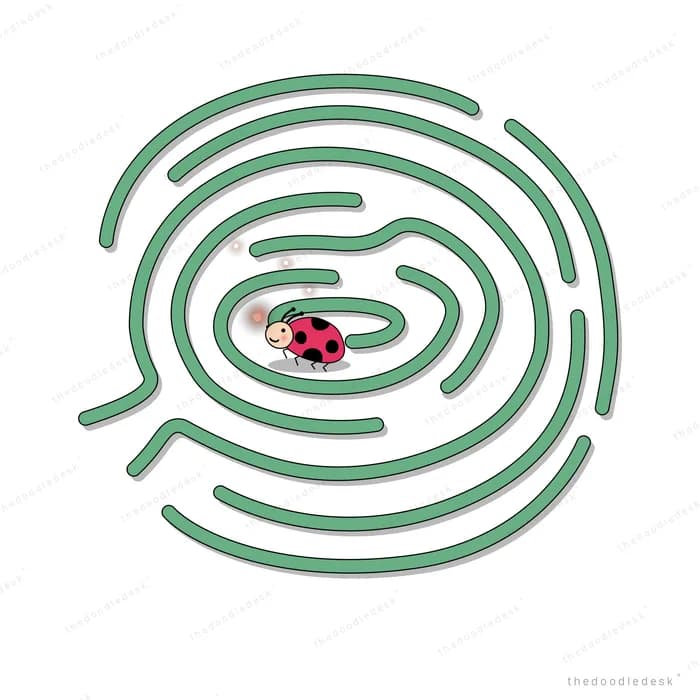 Ladybug crawling along the path of a green spiral maze