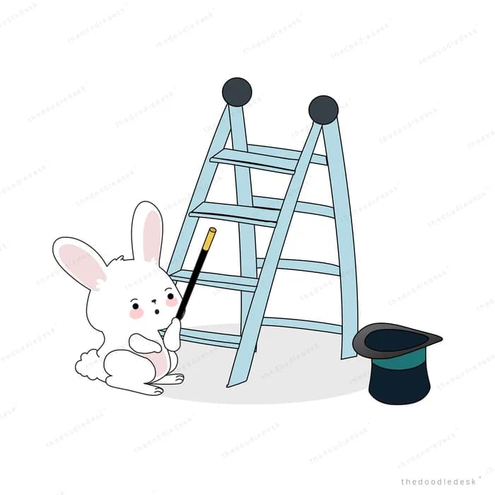White rabbit holding a magic wand beside a stepladder and a top hat