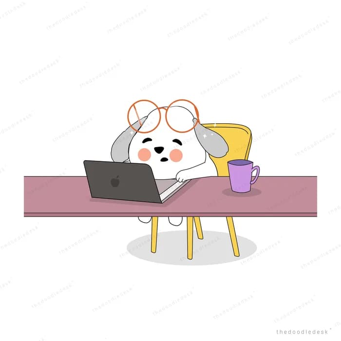 Rabbit in round glasses working at a laptop on a pink desk with a mug