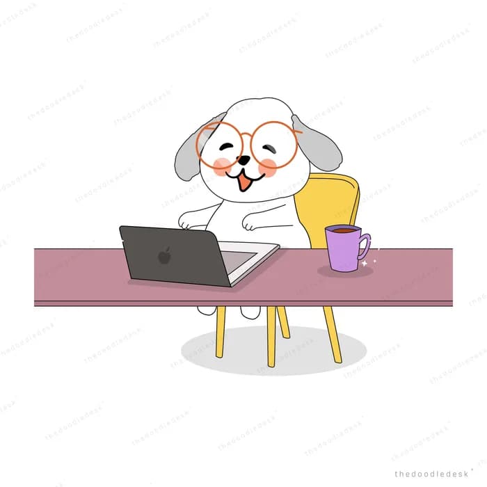 Dog in round glasses laughing at a laptop on a pink desk with a mug