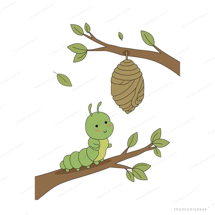 Green caterpillar crawling on a branch beneath a hanging cocoon