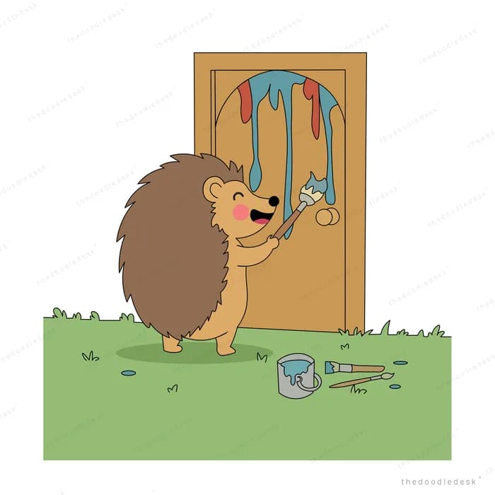 Hedgehog painting a wooden door with a paint bucket and brush on the grass
