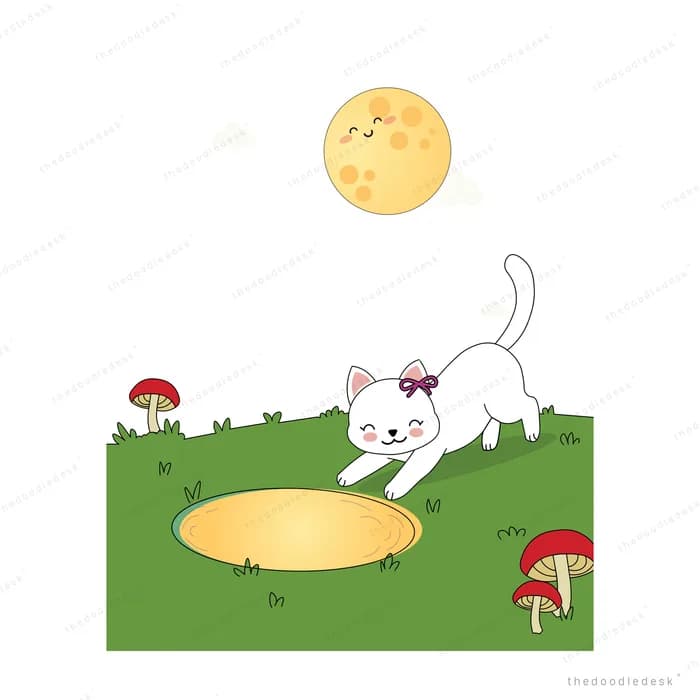 White cat with a bow prowling on a green field of mushrooms under a moon