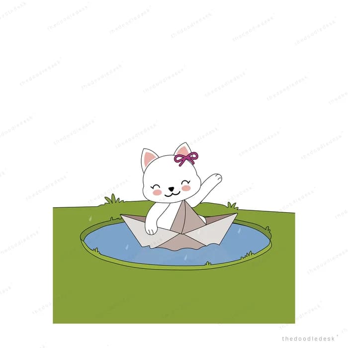 White cat with a pink bow riding a paper boat on a small pond