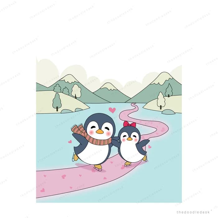 Two penguins walking along a pink path beside an icy lake and mountains