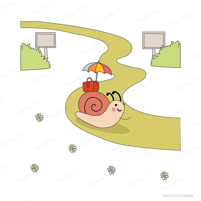 Snail carrying an umbrella and a suitcase crossing a green leaf past ants