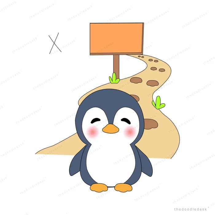 Penguin standing beside a winding sandy path with a signpost and a crossed out mark