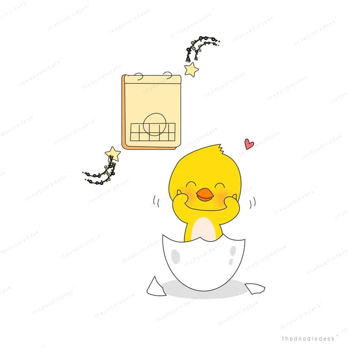 Yellow chick hatching from an egg beside a calendar with music notes