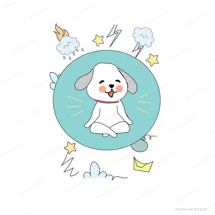 White dog meditating cross legged in a teal circle ringed by scribbled doodles