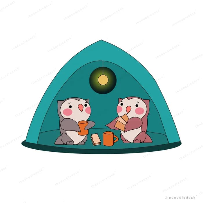 Two owls sharing drinks inside a teal tent lit by a hanging lamp