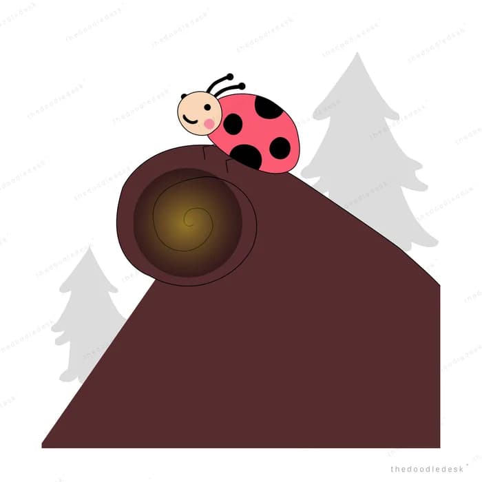 Ladybug pushing a heavy boulder up a dark slope past pine trees