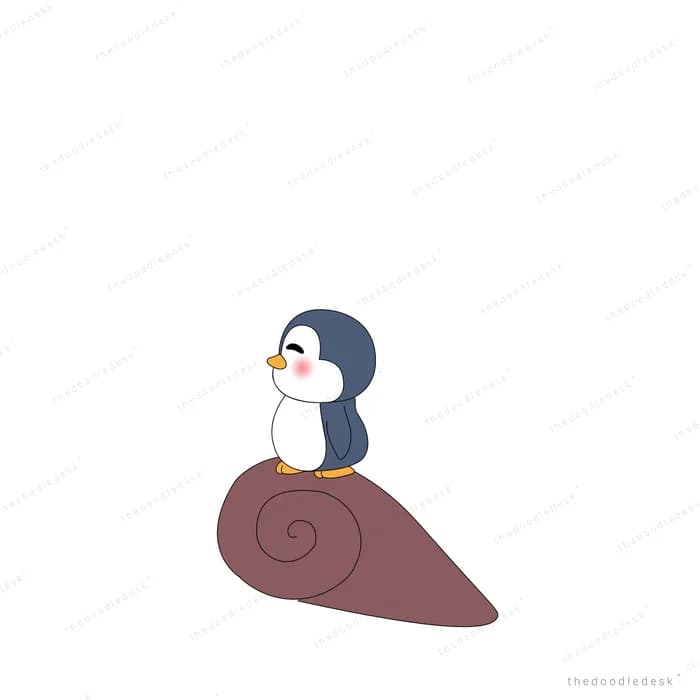 Penguin perched on top of a large brown snail shell