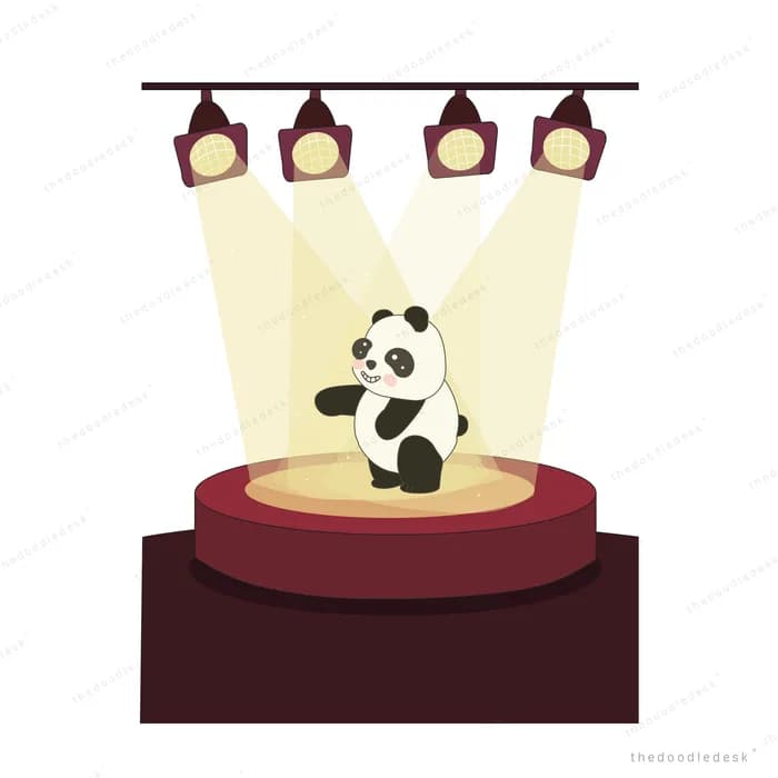 Panda standing alone on a red stage under four spotlights