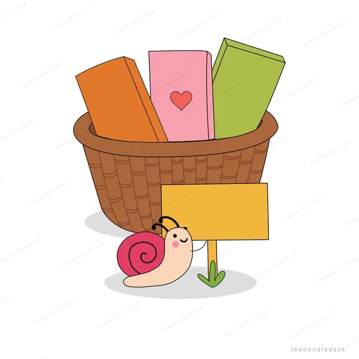 Snail resting beside a wicker basket of books and a blank sign
