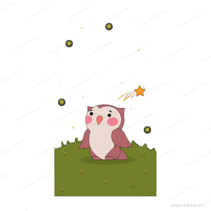 Owl sitting on a grassy hill at night under a shooting star and dark orbs