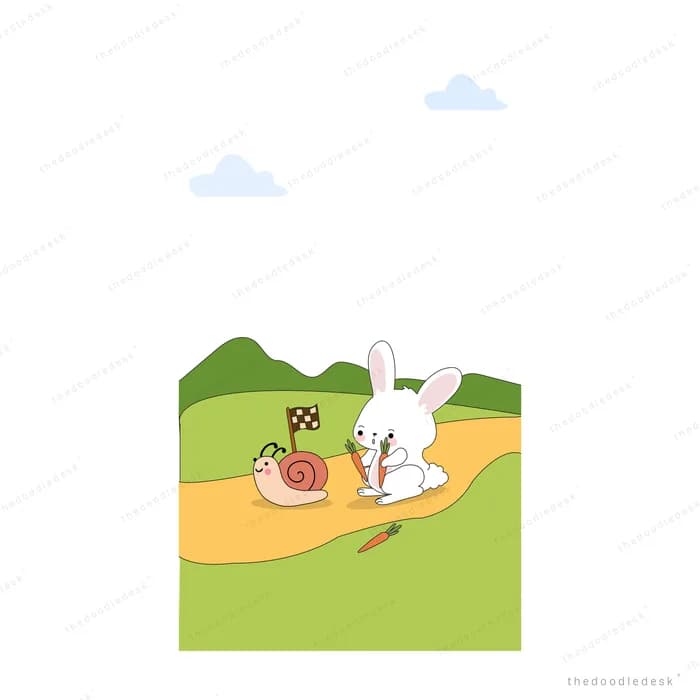 Snail and rabbit racing along a path across a green field past a chequered flag